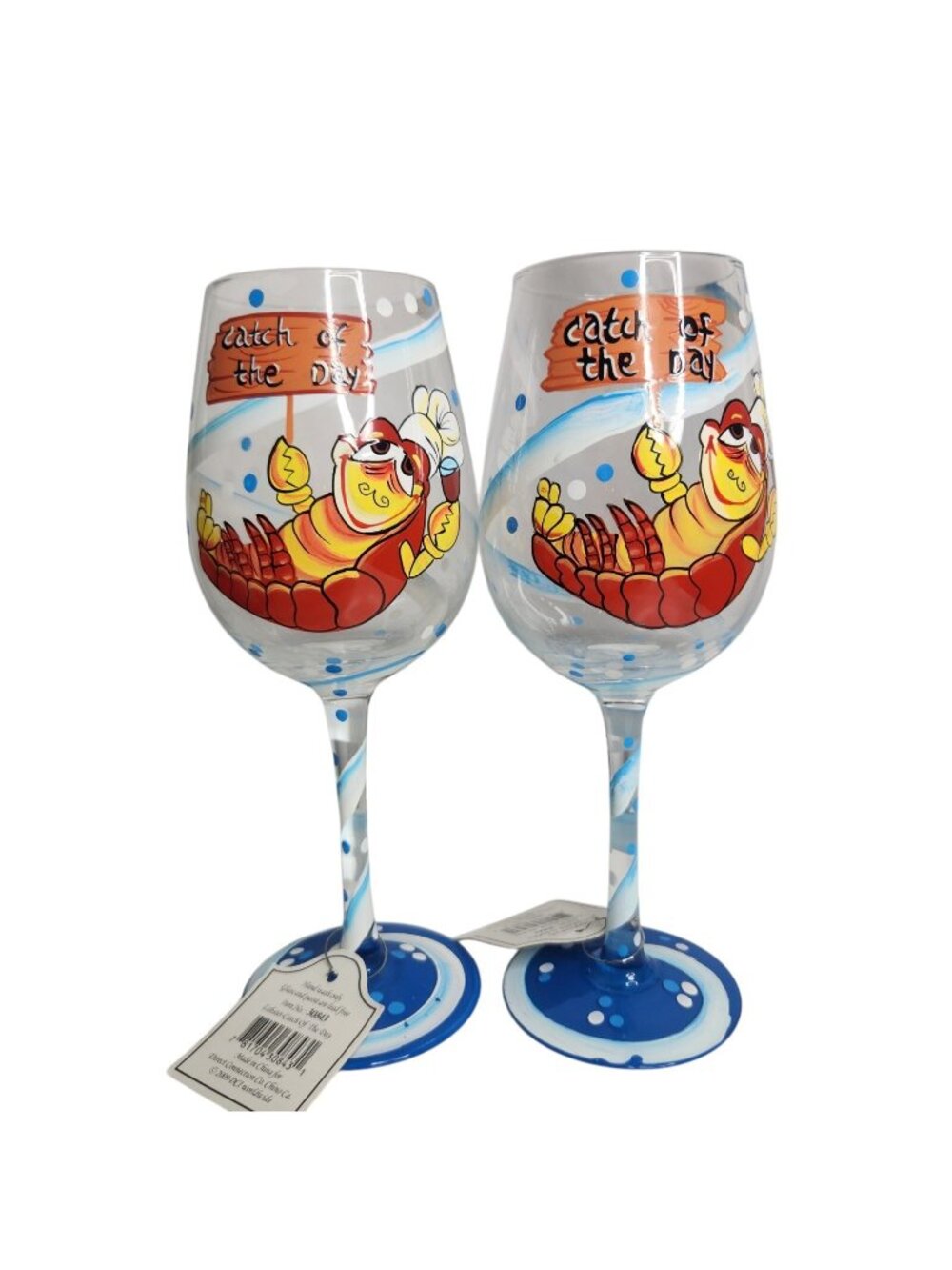 Wine Glass Hand Painted "Catch of the Day" DCI Direct Connection Set of Two